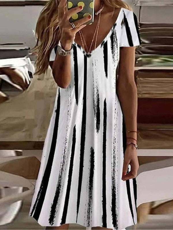 Gestreift V-Ausschnitt Lässig Kurzarm Kleid
