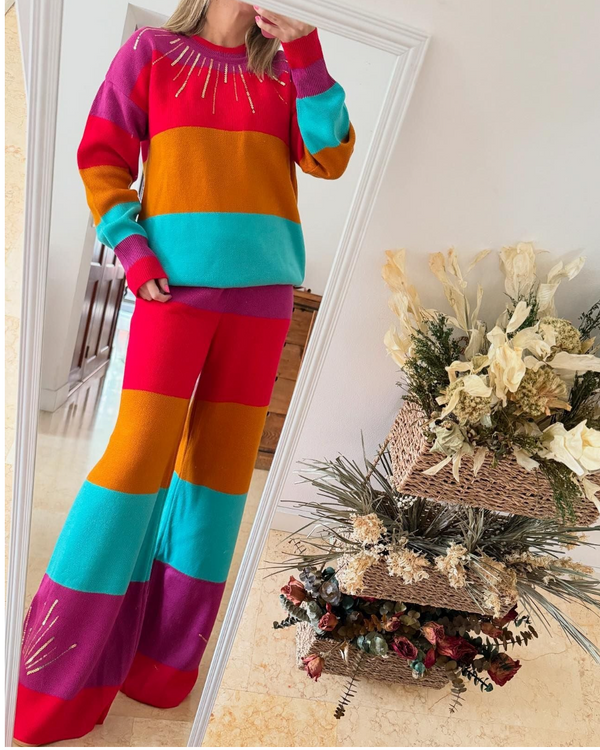 Christmas Colorful Striped Sequined Knitted Sweater Set