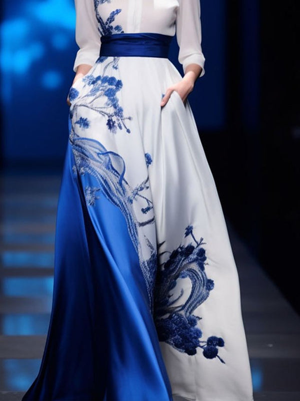 Regular Fit Pocket Stitching Satin Elegant Skirt With Belt
