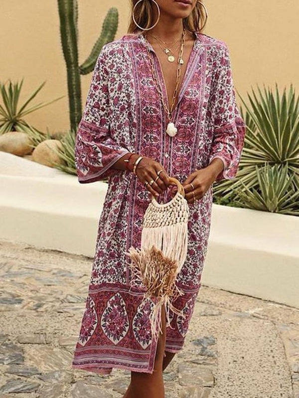 5 Farben Sommer Bohemien Stil V-Ausschnitt Sexy Print Weberei Kleid