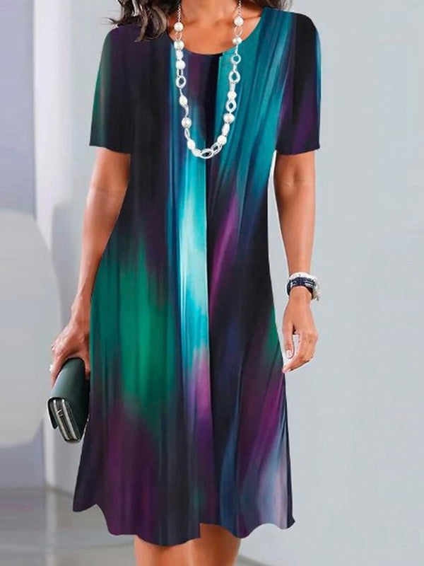 Women's Short Sleeve Summer Random Print Pocket Stitching Dress Crew Neck Daily Going Out Casual Midi H-Line Multicolor
