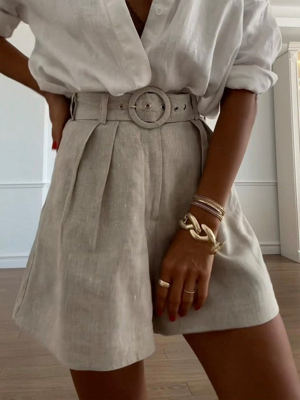 Regular Fit Cotton And Linen Plain Casual Shorts With Belt