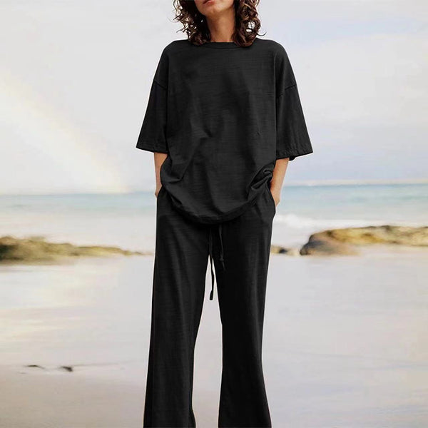 Casual round neck solid color top suit