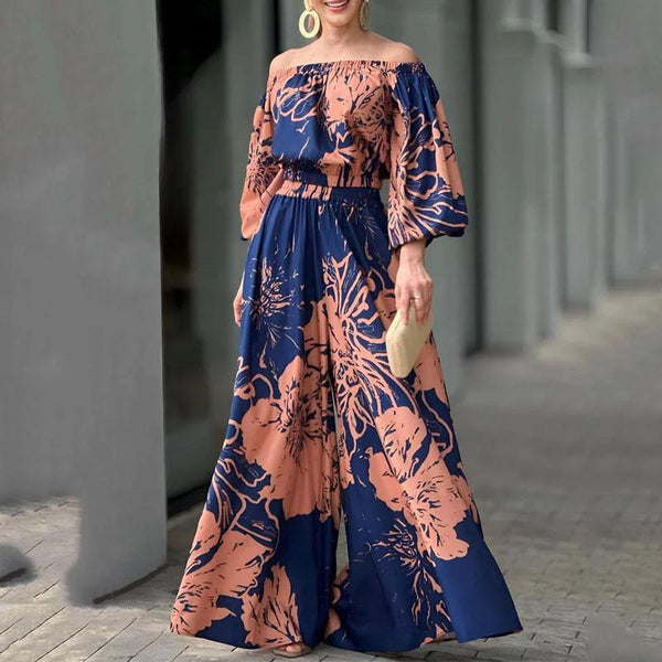 New casual printed off-shoulder wide-leg pants suit