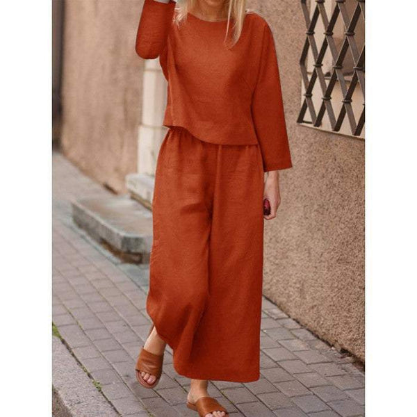 Loose solid color long sleeve trousers two piece suit