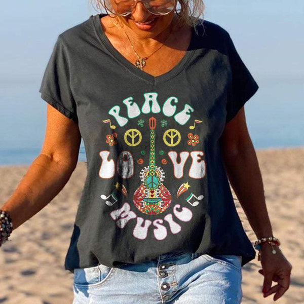 Floral Guitar Peace Love Music Printed Graphic Tees