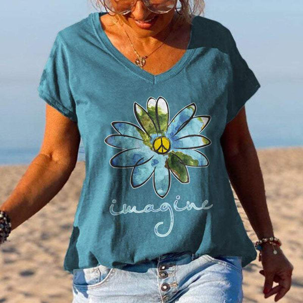 Peace Flower Women Solid Color V-neck Tees