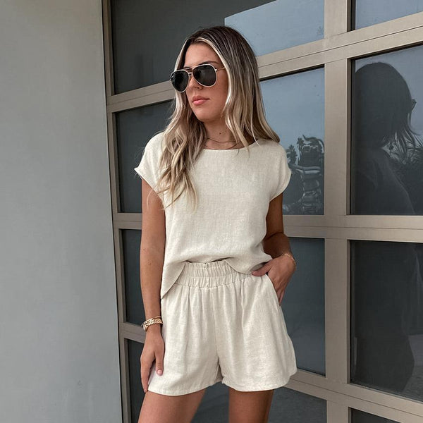 Cotton and linen drop shoulder sleeveless top and shorts two-piece set