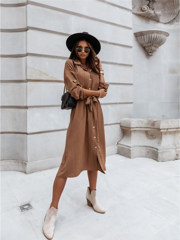 V-neck button-down tie waist dress