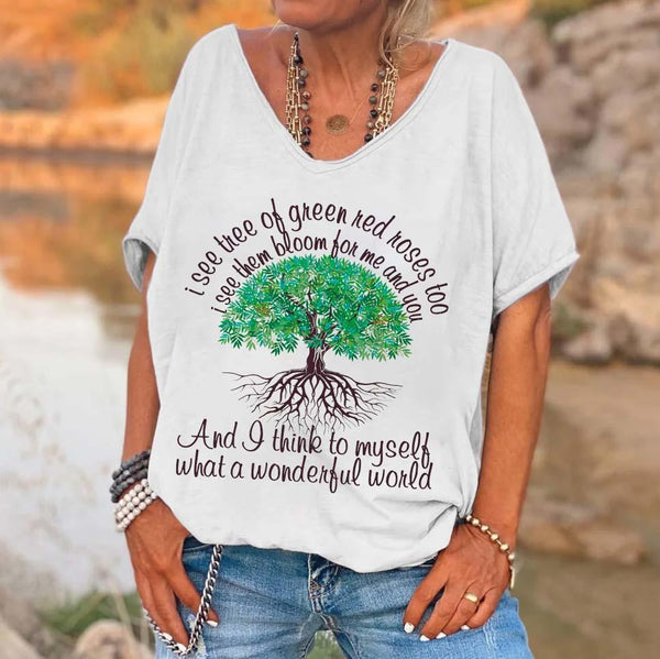 I See Trees Of Green, Red Roses Too Printed V-neck Women's T-shirt