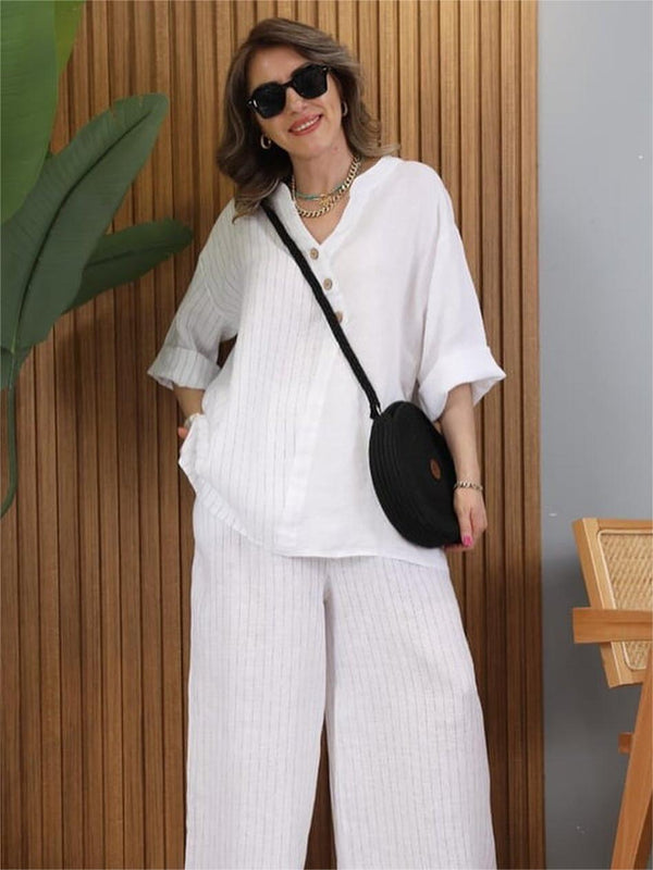 Women's Casual Striped Cotton Linen Set