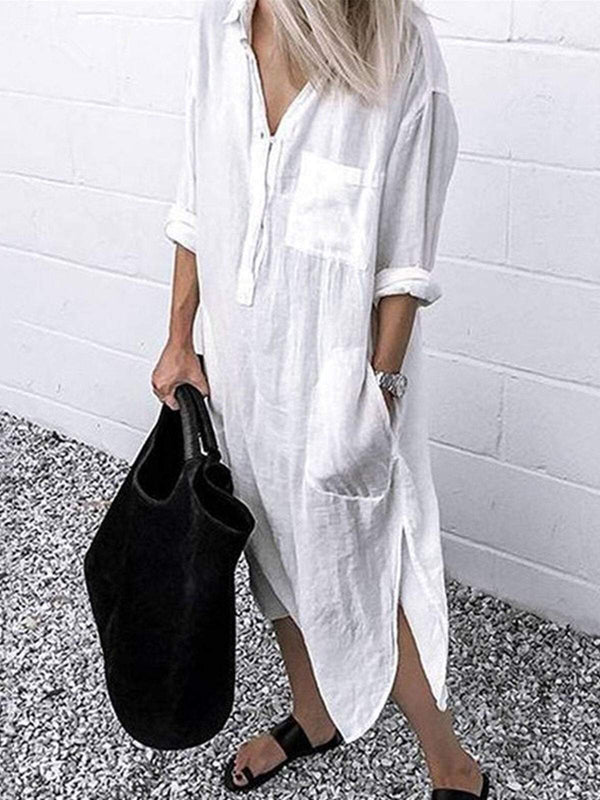 Women's Casual Pure Color Cotton Shirt Dress