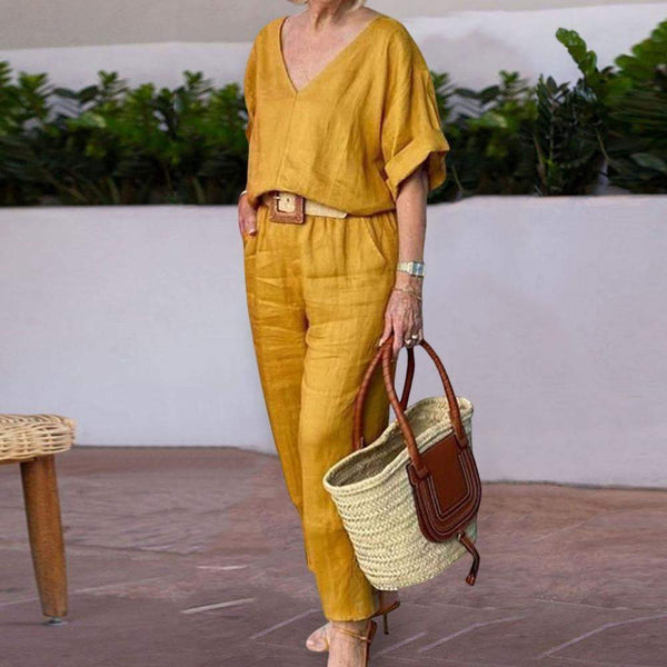 Fashionable and casual summer multi-color V-neck loose cotton and linen suit