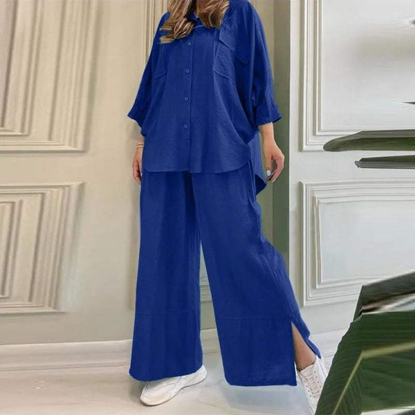 Loose solid color cotton and linen shirt long sleeve pants suit two piece set