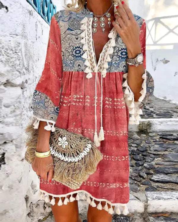 Bohemian Tassel Drawstring Autumn Red Mini Dress